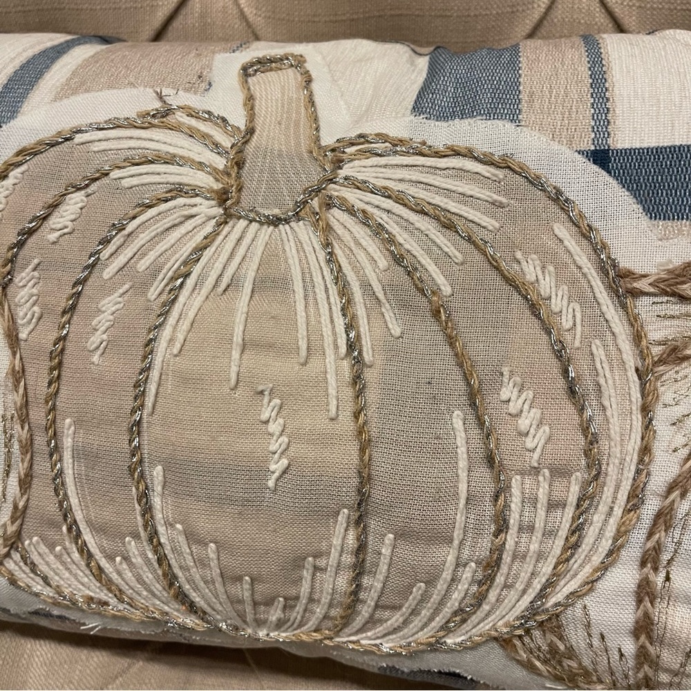 3D Jute Plaid Long Decorating Pillow 26”x15” Blue White Tan - Picture 2 of 7